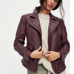 We The Free People I’ll Be Around Leather Moto Jacket Women’s XS Maroon Burgundy